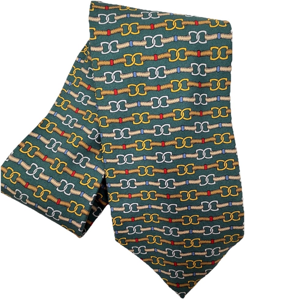 VTG Paolo Gucci Silk Tie Green Gold Horse Bit Bridle Chain Equestrian Old Money‎